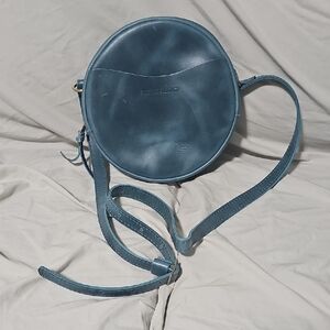 Round Teal Leather Crossbody Bag